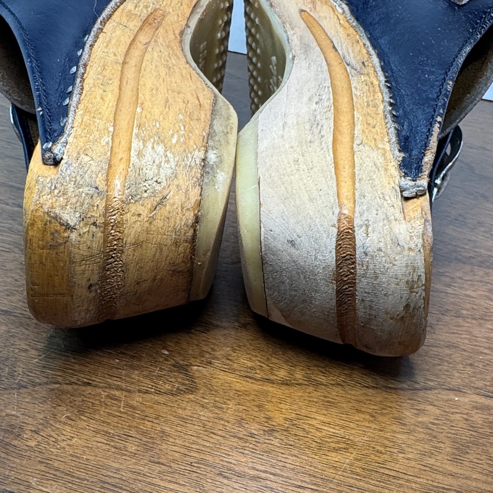 Vintage 70s Womens Bastad Toffeln Wooden Navy Blue Leather Buckle Clogs, sz 38 - Picture 7 of 14